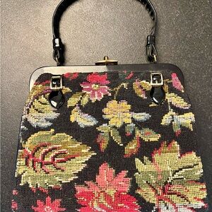 Floral Black Handbag vintage 60s 10x20 inch